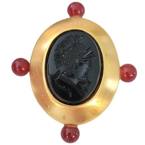Gold Tone Black Glass Intaglio Centurion Cameo Brooch Pin E839 - Picture 6 of 9